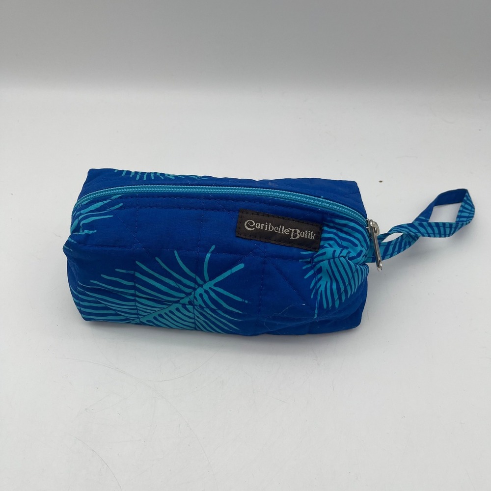 Caribelle Batik Quilted Blue Teal Palm Leaf Makeup Cosmetic Bag Wristlet Pouch